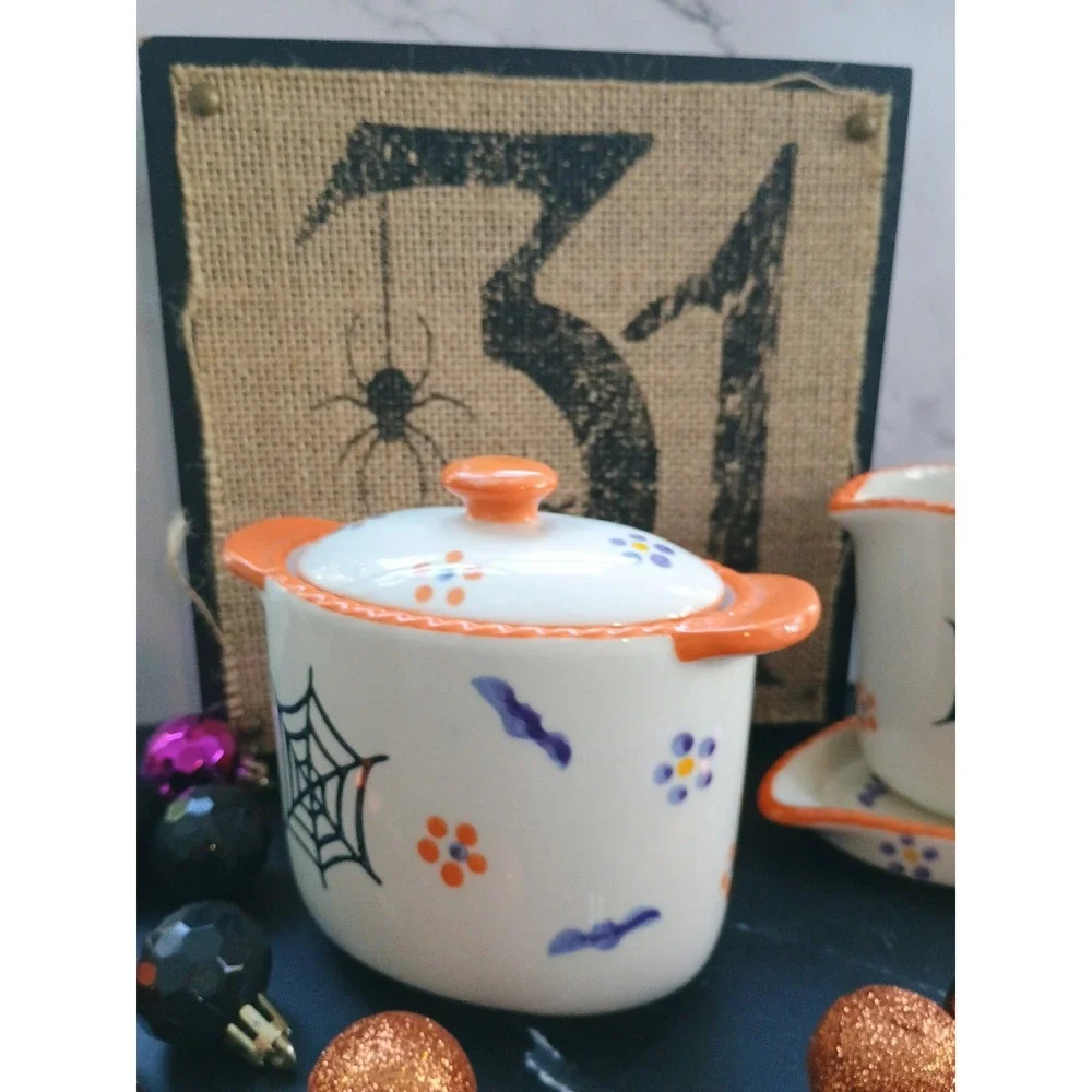 Temptations By Tara Halloween Sugar with Lid & Creamer On Plate Boofetti Pattern